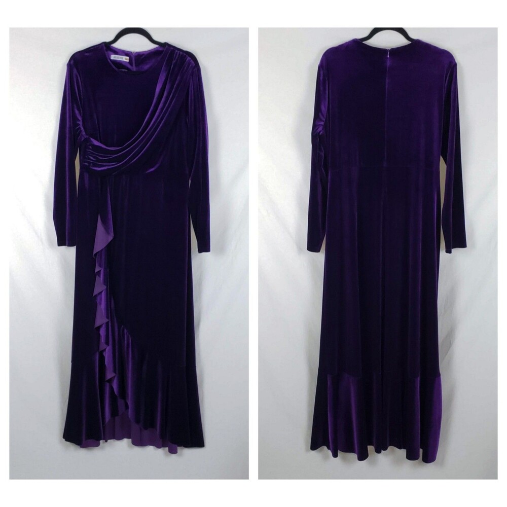 Abay Collection Elegant Purple Stretch Velvet Maxi Dress Womens L/XL? Ruffles